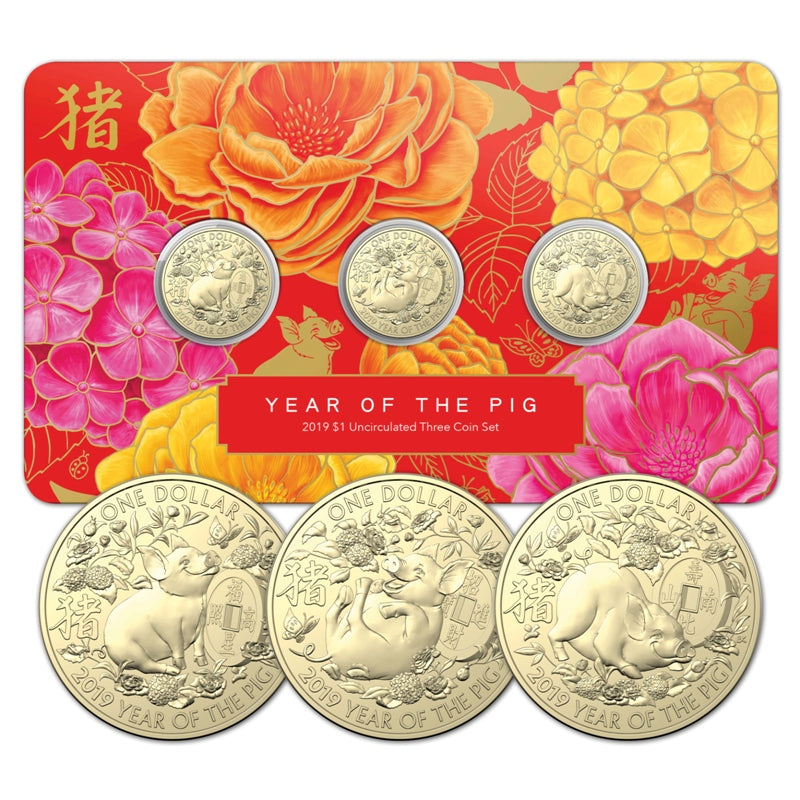 $1 2019 Year of the Pig Al/Bronze 3 Coin Set | $1 2019 Year of the Pig Al/Bronze 3 Coin Set