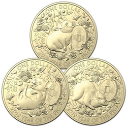 $1 2019 Year of the Pig Al/Bronze 3 Coin Set