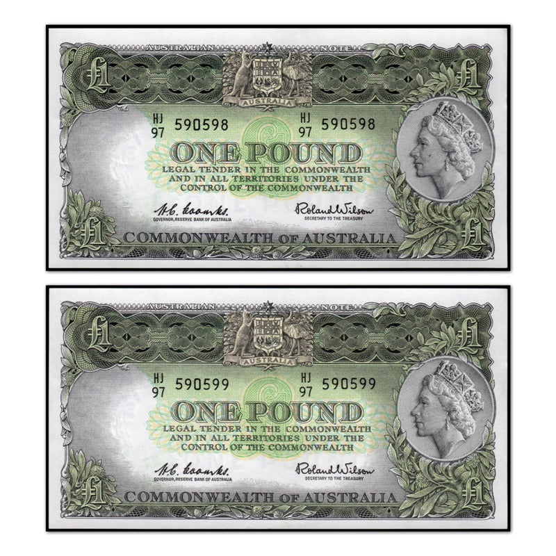(1961) One Pound Coombs/Wilson Emerald Green R.34b Pair CFU obverse | (1961) One Pound Coombs/Wilson Emerald Green R.34b Pair CFU reverse