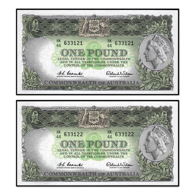 (1961) One Pound Coombs/Wilson Emerald Green R.34b Pair nUNC obverse | (1961) One Pound Coombs/Wilson Emerald Green R.34b Pair nUNC reverse