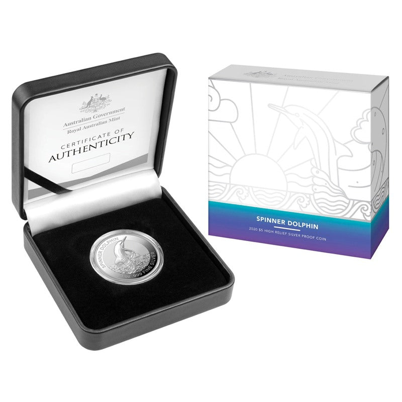 $5 2020 Spinner Dolphin High Relief Silver Proof