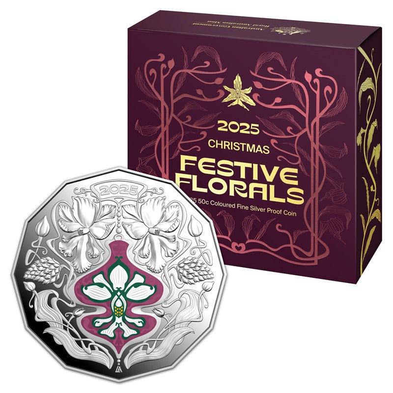 50c 2025 Christmas Festive Florals Coloured Silver Proof