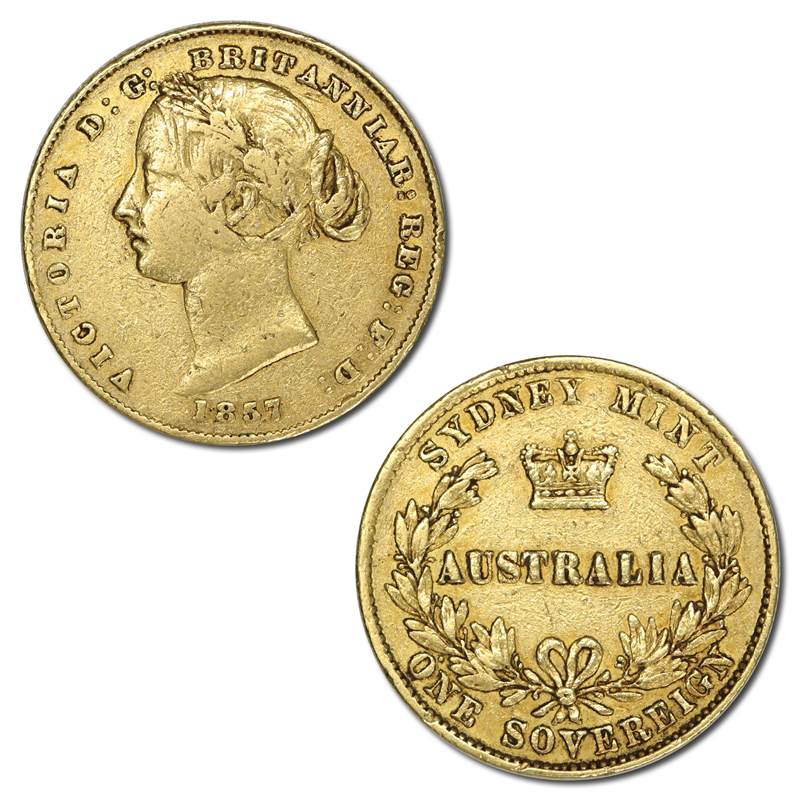 1857 Sydney Mint Victoria Type II Gold Sovereign Fine/nVF