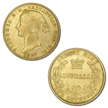 1867 Sydney Mint Y/H Gold Sovereign Type II FINE+/VF