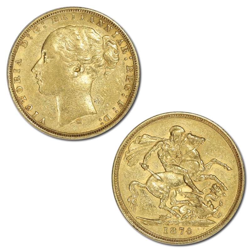1874 Melbourne Victoria St George Gold Sovereign Error: Upset