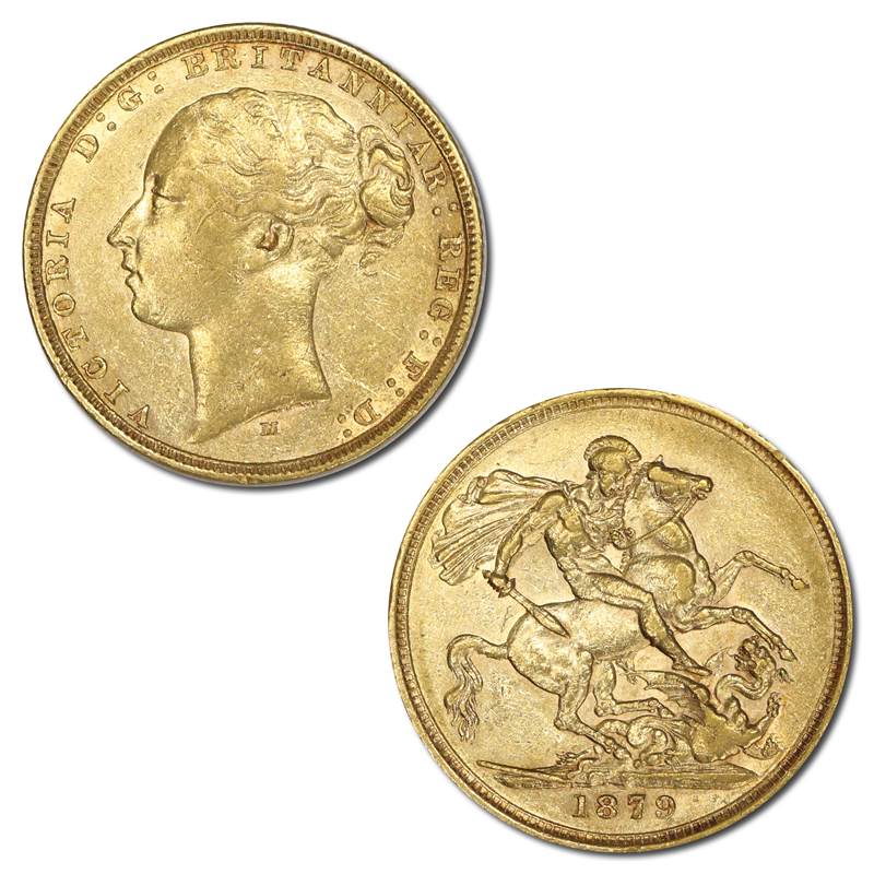 1879 Melbourne Young Head St.George Gold Sovereign VF