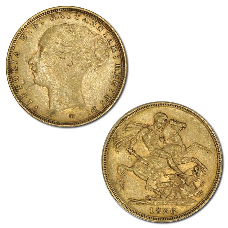 1886 Melbourne Victoria Y/H St.George Gold Sovereign VF