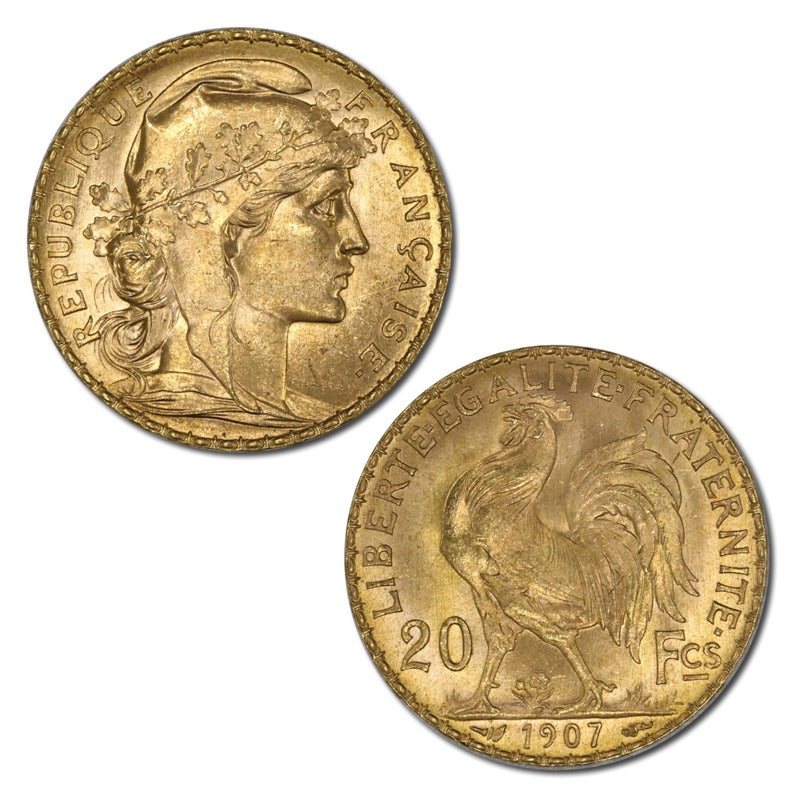 France 1907 20 Francs Gold Rooster UNC
