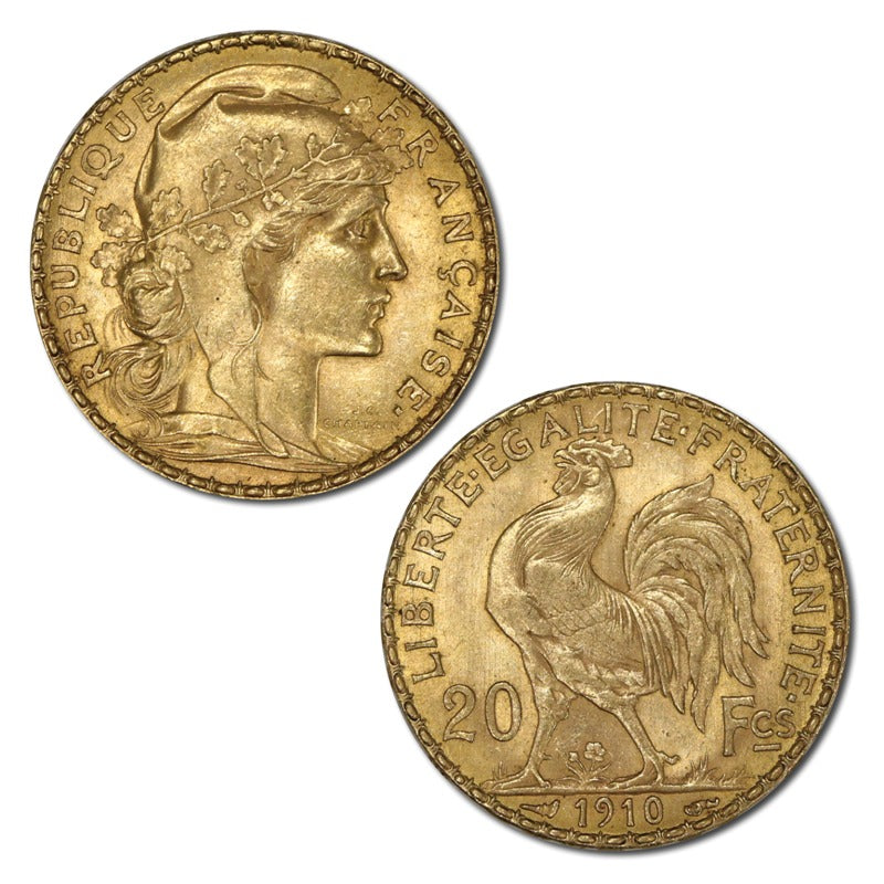 France 1910 20 Francs Gold Rooster EF