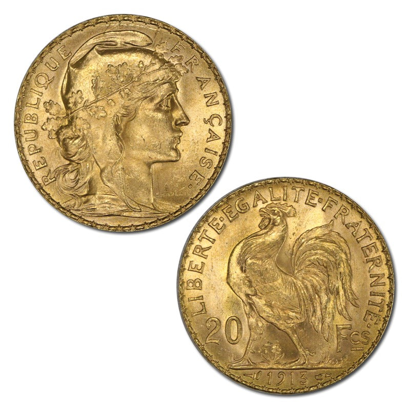 France 1913 20 Francs Gold Rooster UNC