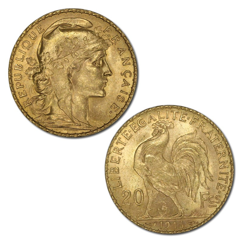 France 1914 20 Francs Gold Rooster UNC
