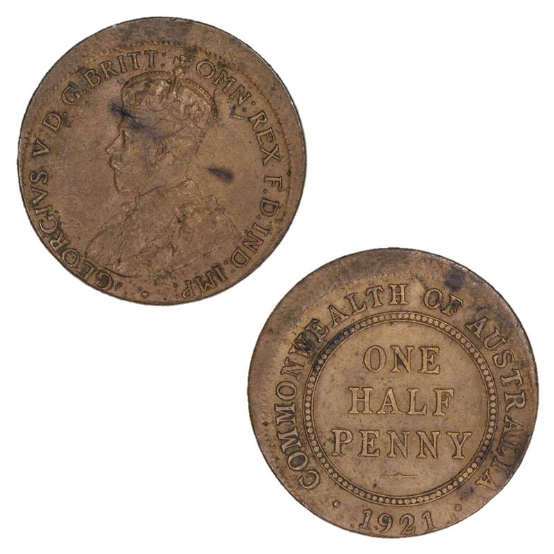 Australia 1921 Halfpenny Error Mistrike 12% Off Centre