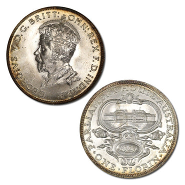 Australia 1927 Parliament House Florin (3 Steps) Toned Lustrous Brilliant UNC