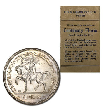 Australia 1934/5 Melbourne Centenary Florin with Perth Foy's Bag