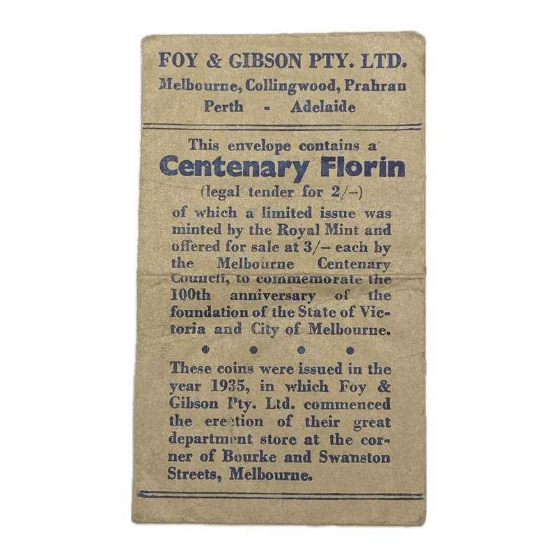 Australia 1934/5 Centenary Florin with Melbourne Foy's Bag