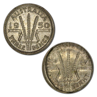 Australia 1950 Melbourne Threepence Error Full Reverse Brockage