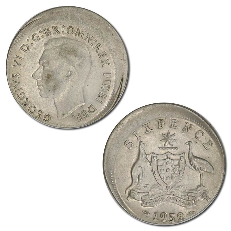 Australia 1952 Melbourne Sixpence Error 15% Mistrike
