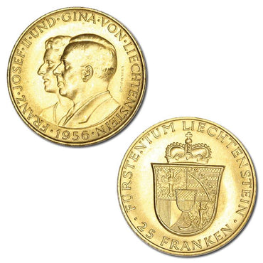 Liechtenstein 1956 Conjoined Busts Gold 25 Franken UNC