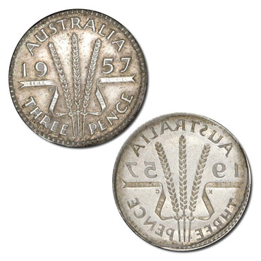 Australia 1957 Melbourne Threepence Error Full Reverse Brockage