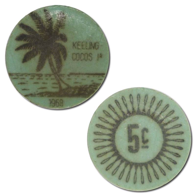 Keeling Cocos Islands 1968 5 Cents Aqua Plastic Token