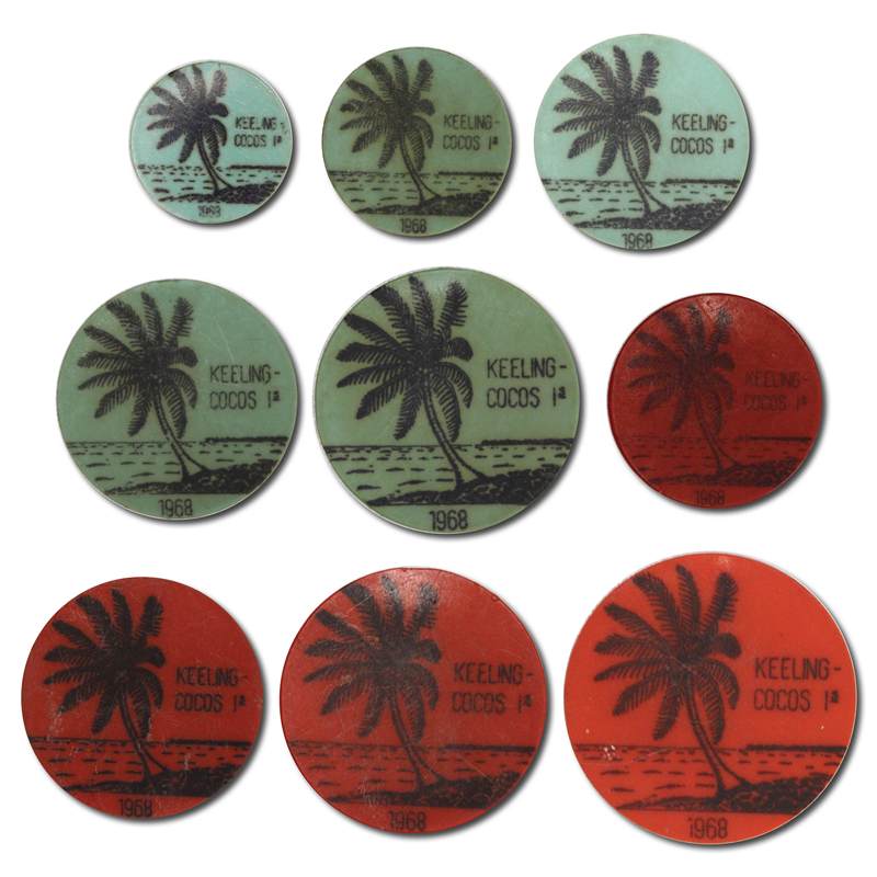 Keeling Cocos Islands 1968 Partial Set of 9 Plastic Tokens