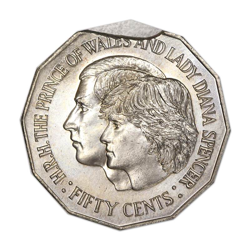 50c 1981 Charles & Diana Error 13mm Bitten Rim UNC