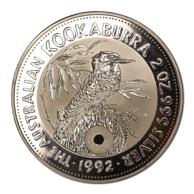 1992 Kookaburra 2oz Silver UNC - Holey Dollar Privy Mark