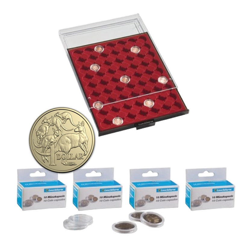 Lighthouse - Coin Box/Tray to suit 25/26mm ($1 Coin) Capsules + 4 Boxes of 25mm Capsules FREE