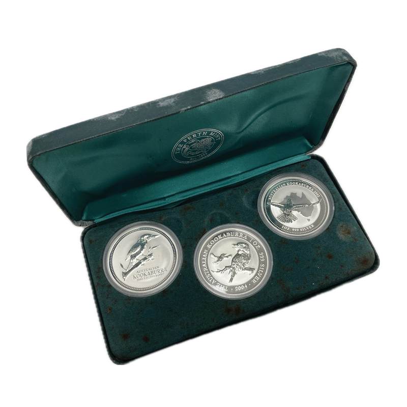 2002-2003-2004 Kookaburra $1 1oz Silver Three Coin Cased UNC