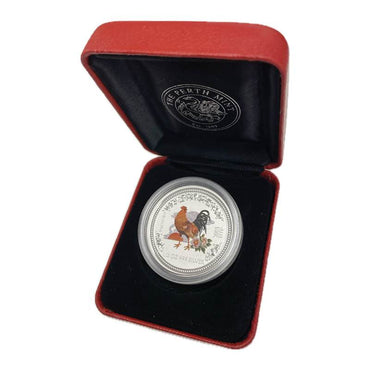 2005 Year of the Rooster 1/2oz Coloured Silver UNC Red Case