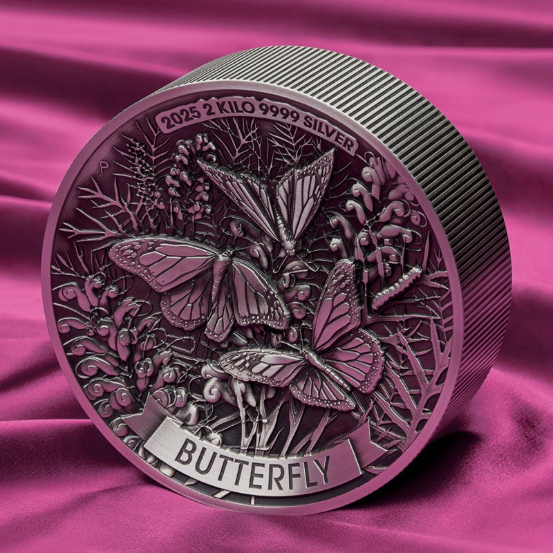 2025 Butterfly 2 Kilo Silver High Relief Antiqued