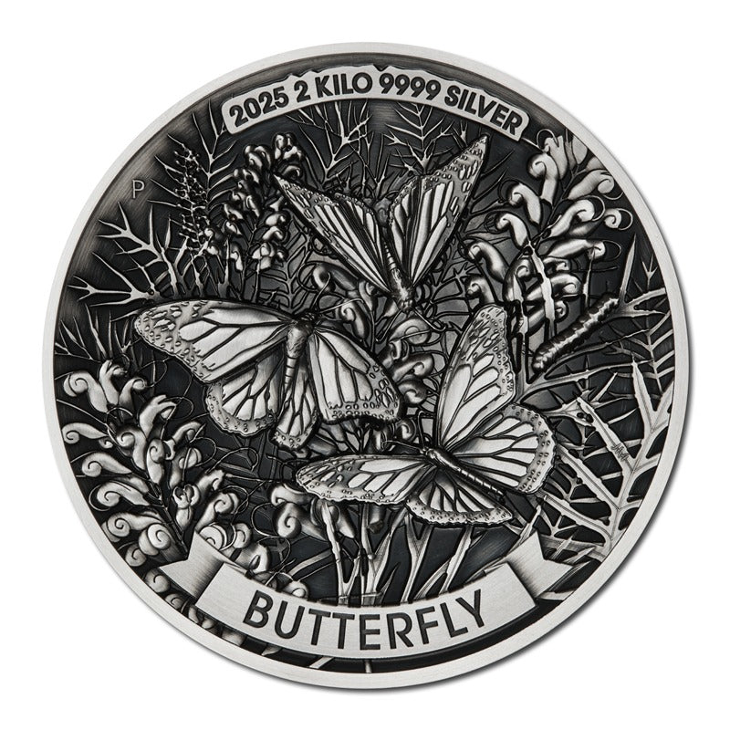 2025 Butterfly 2 Kilo Silver High Relief Antiqued