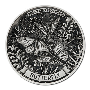 2025 Butterfly 2 Kilo Silver High Relief Antiqued