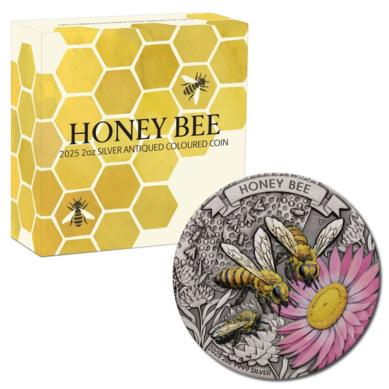 2025 Honey Bee 2oz Silver Antiqued Coloured Coin