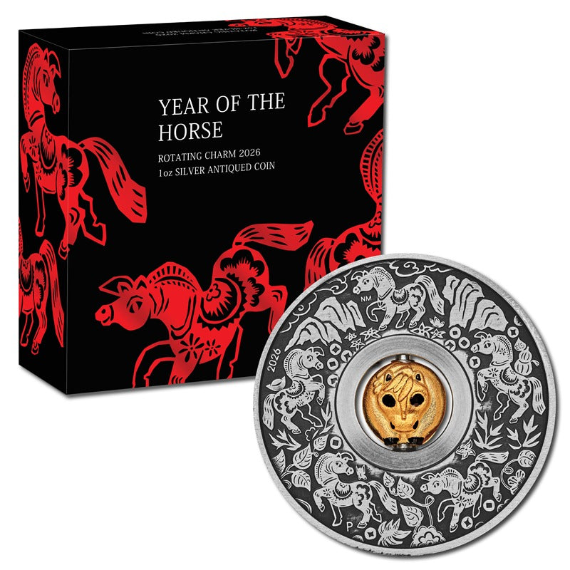Tuvalu 2026 Year of the Horse Rotating Charm 1oz Silver Antiqued