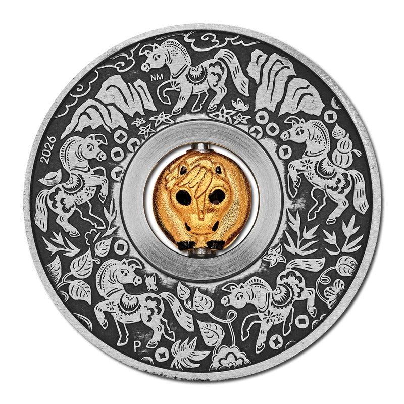 Tuvalu 2026 Year of the Horse Rotating Charm 1oz Silver Antiqued