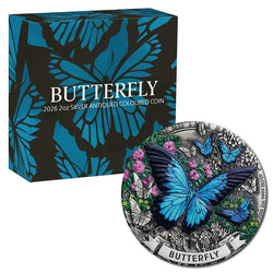 2026 Butterfly 2oz Silver Antiqued Coloured Coin