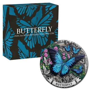 2026 Butterfly 2oz Silver Antiqued Coloured Coin