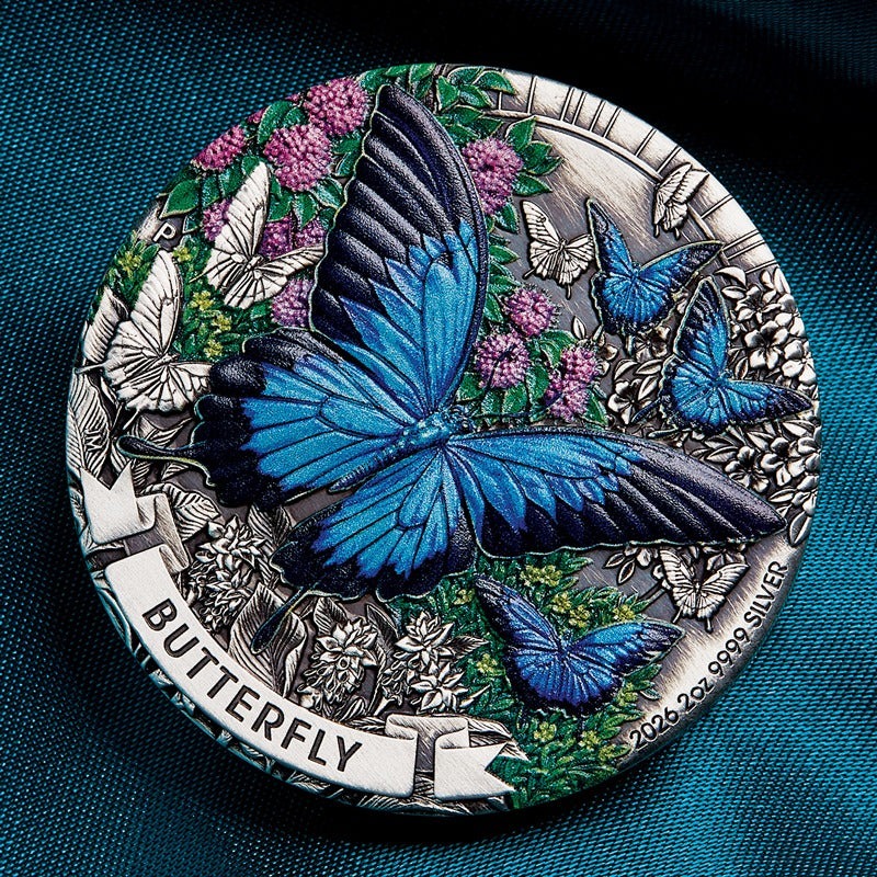 2026 Butterfly 2oz Silver Antiqued Coloured Coin