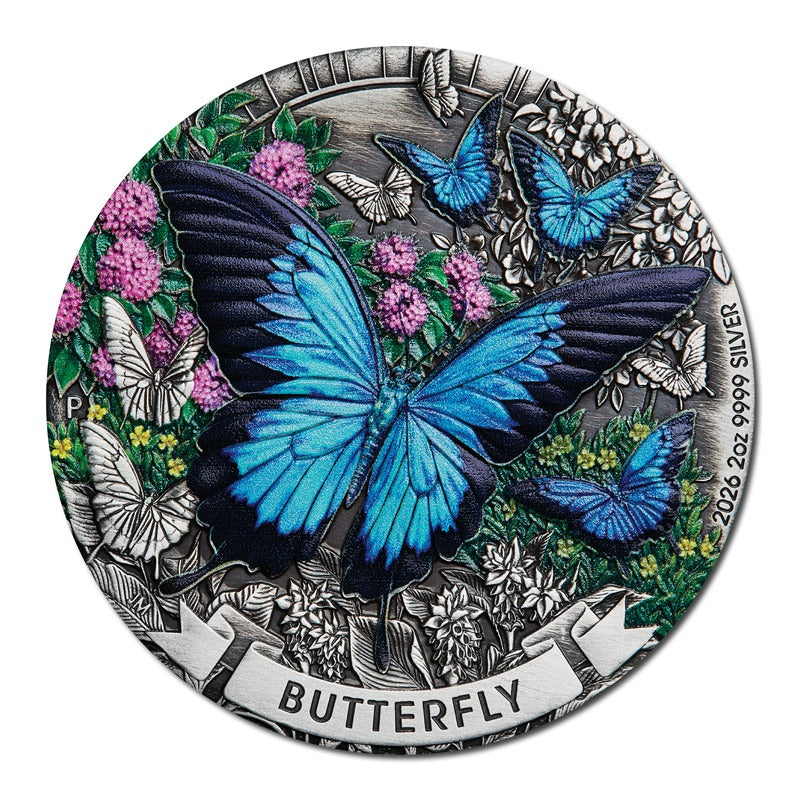 2026 Butterfly 2oz Silver Antiqued Coloured Coin