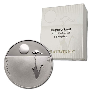 $1 2011 Kangaroo at Sunset F15 Privymark 1oz Silver Proof