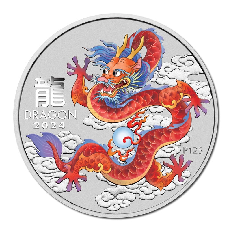 2024 Year of the Dragon 1oz Silver Red Coloured Coin in Card
