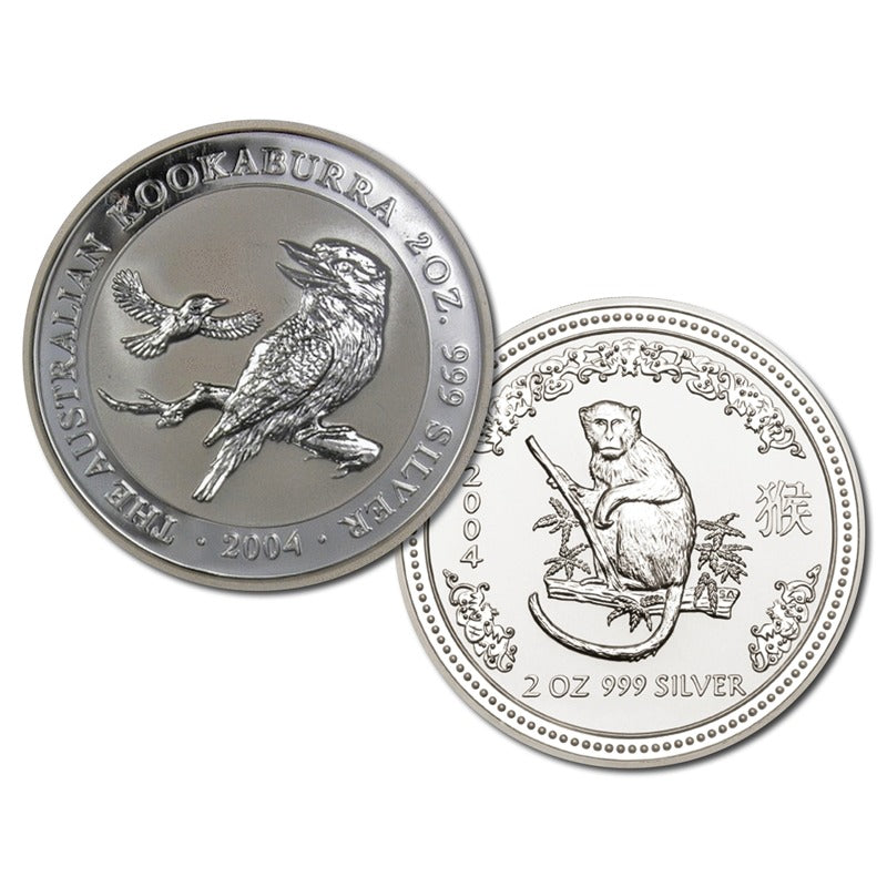 2004 Year of the Monkey & Kookaburra 2oz Silver UNC Pair