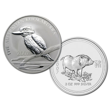 2007 Year of the Pig & Kookaburra 2oz Silver UNC Pair