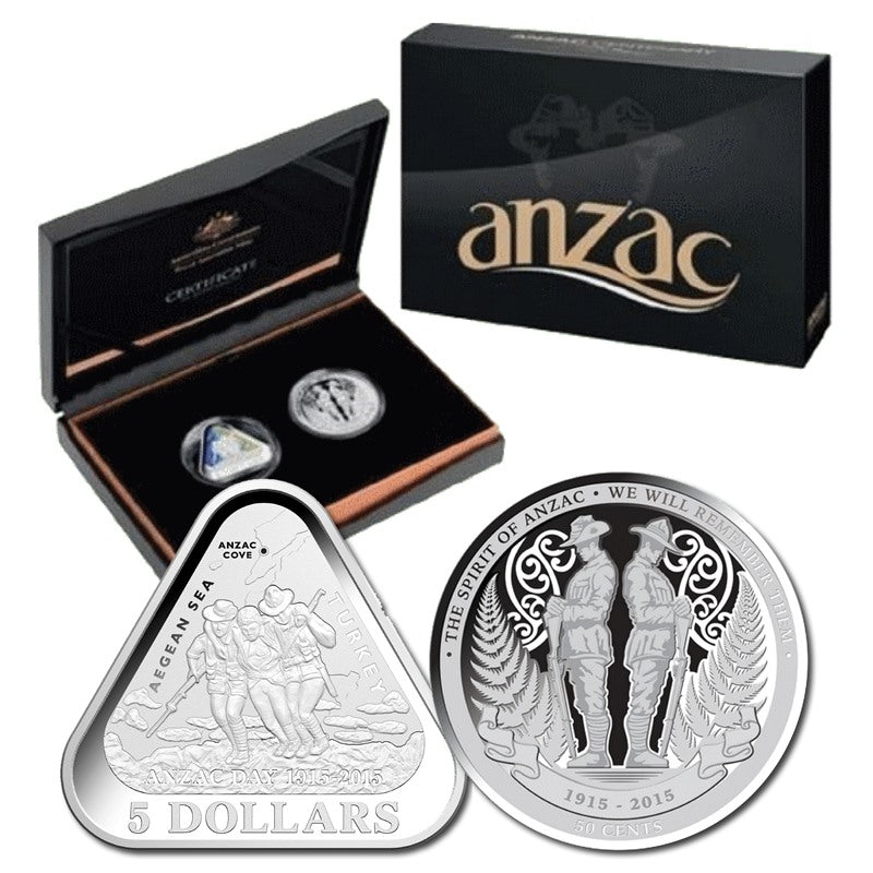 $5 2015 ANZAC Centenary Triangular Coloured 2 Coin Silver Proof