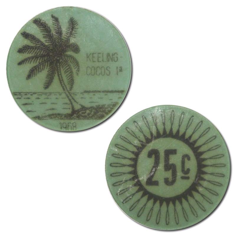 Keeling Cocos Islands 1968 25 Cents Aqua Plastic Token nUNC