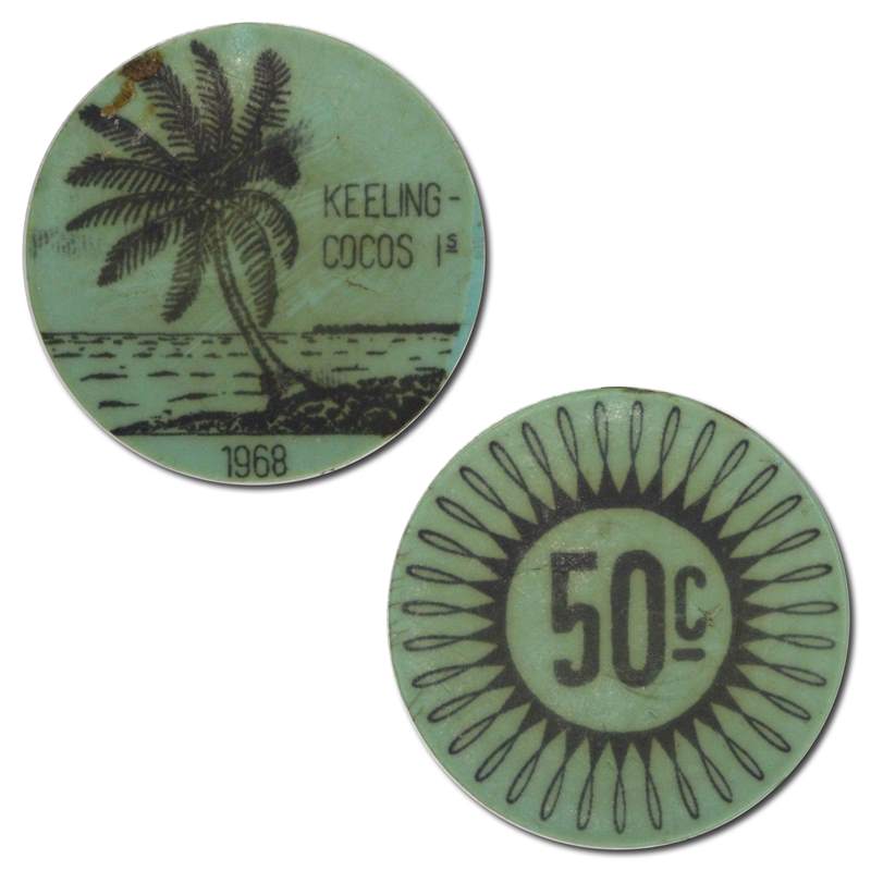 Keeling Cocos Islands 1968 50 Cents Aqua Plastic Token nUNC