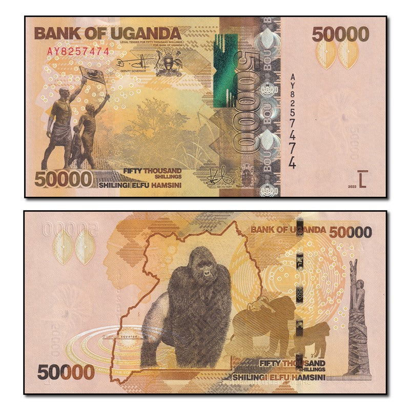 Uganda 50,000 Shillings 2022 P-54 – UNC – New Sign & Title – Gorilla Note – Prefixes Vary