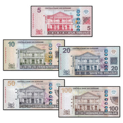 Suriname 2012-2020 5-100 Dollars P.162-166 CFU Set of 5