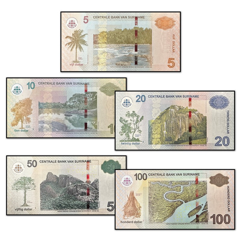 Suriname 2012-2020 5-100 Dollars P.162-166 CFU Set of 5